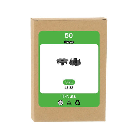 Fifty Piece 8-32 T Nuts Set Featuring Zinc Plated Carbon Steel Construction With Three Pronged Tee Nut Design For Hella Secure Bouldering Holds And Professional Woodworking Projects In Sleek Black Finish in a box with two nuts visible.