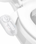 Warm Water Dual Nozzle Non Electric Bidet Attachment For Toilet Seat With 360 Self Clean And EZ Lift in white, close-up view