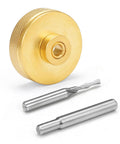 Top Shelf Solid Brass Router Inlay Bushing Kit For Quarter Inch Templates with brass guide and metal pins for woodworking.