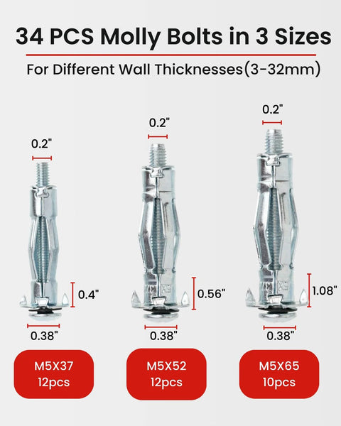 Molly Bolts For Drywall And Plaster Walls Range From 0.12 To 1.28 Inches, 34 Pieces In 3 Sizes, showing dimensions and count.