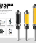 Top Tier 1 Inch Double Bearing Trimming Router Bit For Laminate And Woodworking Uses, High Strength Carbon Steel Cutter displayed with compatible devices.