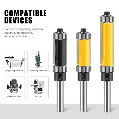 Top Tier 1 Inch Double Bearing Trimming Router Bit For Laminate And Woodworking Uses, High Strength Carbon Steel Cutter displayed with compatible devices.