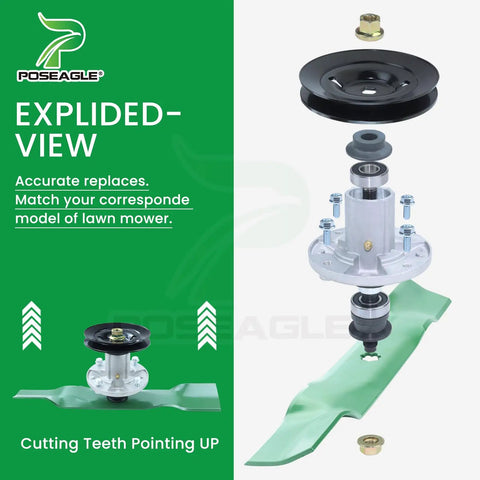 Exploded view of John Deere 48 Inch Mower Deck Rebuild Kit DIY Ready with spindle assembly and blade.