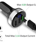 Top Shelf Three USB Car Charger With Live Voltage Meter For Quick 12V And 24V Ride Power Straight Up Fast Charging Hub cigarette lighter plug with voltage display.