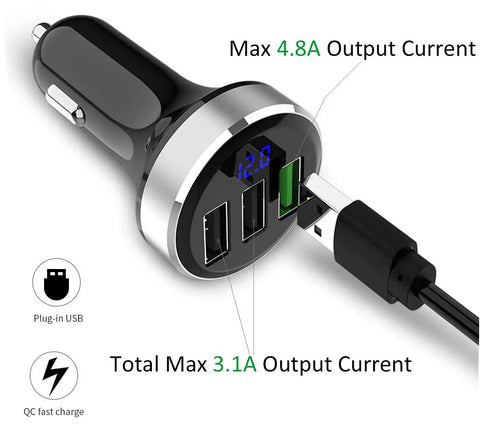 Top Shelf Three USB Car Charger With Live Voltage Meter For Quick 12V And 24V Ride Power Straight Up Fast Charging Hub cigarette lighter plug with voltage display.