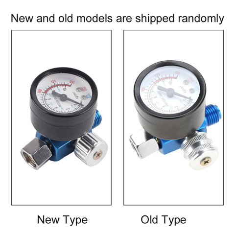 Inline Quarter Inch Pro Grade Mini Air Regulator Kit, new and old models with pressure gauge and adjustable dial display