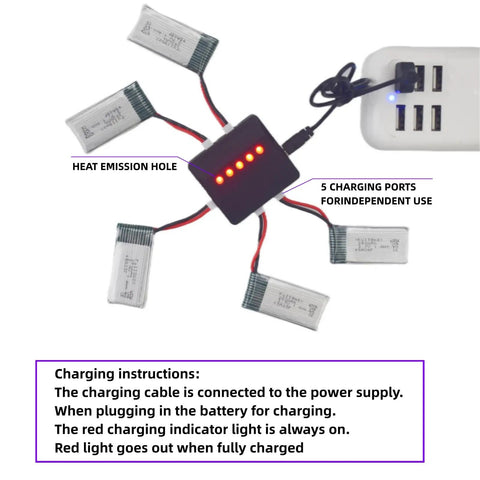 5 In 1 Smart Charger With 5 Pack 3.7V 380mAh Lithium Batteries For Hubsan X4 H107 Series And Syma X11 X11C Drones Plus HS170 FX801 V911S A120 XK A150 V966 Compatibility connected to five batteries