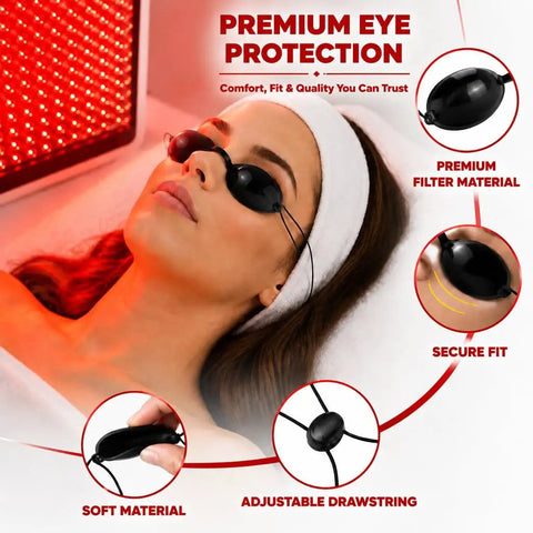 Top Shelf 4 Pack Semi Clear Safety Glasses For Tanning Beds And Sunbeds No Sweat Adjust Red Light Therapy Goggles resting on a user.