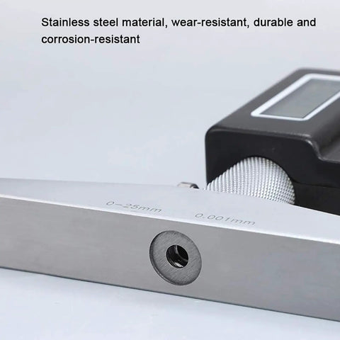 Close-up of Depth Micrometer With Digital Display Ultraprecise 0-25mm Depth Gauge showing steel body and engraved scale