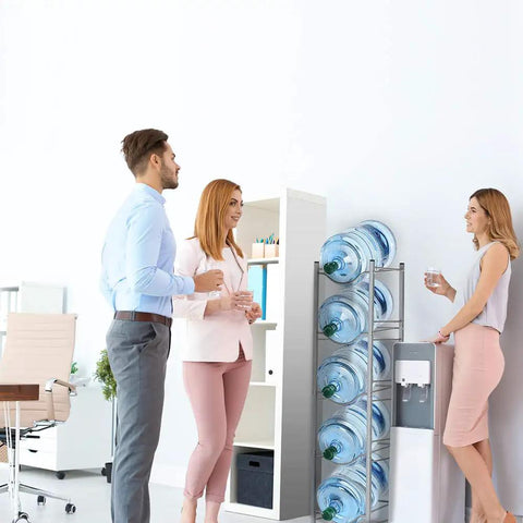 Five Gallon Water Jug Holder Five Tier Heavy Duty Freestanding Water Rack In Silver in an office setting