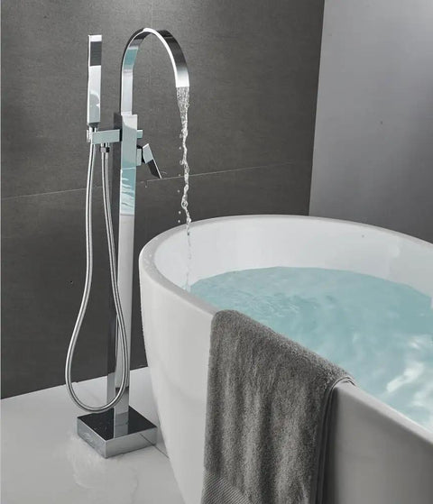 Freestanding Bathtub Faucet With Hand Sprayer Floor Mount Tub Filler Single Handle Brass Tap 360 Degree Swivel Spout Diverter Switch