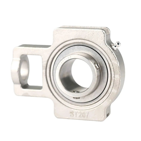 Top Shelf SUCT207 304 Stainless Steel Vertical Outer Spherical Bearing With Deep Groove Ball Design, showing the unit's smooth finish.
