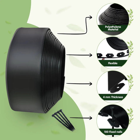 4 Inch By 33 Foot Landscape Edging Kit With 100 Spikes For Lawn Borders Garden Beds Pathways And Yards Flexible Plastic Border Edge Easy Install with highlighted features of polyethylene material, flexibility, 4 mm thickness, and 100 fixed nails.