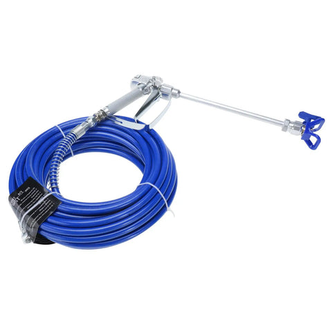 Slick Pro Series Airless Paint Spray Gun Kit Bundled With A Beefy 50 Foot X 1/4 Inch High Pressure Fiber Hose Plus An Easy Grip 11 Point 8 Inch Extension Pole And Sharp 517 Tip Straight Up Nailed It For Smoother Wall Paint Runs: blue high-pressure hose and spray gun extension.