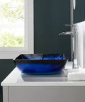Dope Blue Square Tempered Glass Vessel Sink With Pop Up Drain For Above Counter Vanity Lustrous Deco Glass Finish