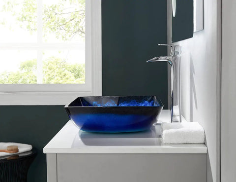 Dope Blue Square Tempered Glass Vessel Sink With Pop Up Drain For Above Counter Vanity Lustrous Deco Glass Finish