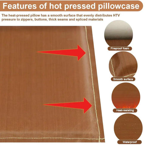 Heat Press Pillow Set 9 Pieces In 1 highlighting features: fireproof foam, smooth surface, heat-resisting, and waterproof.