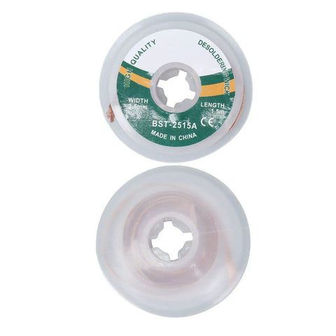 Pro Grade Desoldering Wire Kit With Alloy Copper Solder Wick spool showing 1.5 meter length and 2.5mm tip for electronics repair.