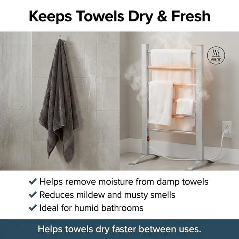 Six Bar Electric Heated Towel Rack for Bathroom with Wall Mount or Freestanding Design, Plug-In Towel Dryer in use