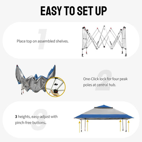 13x13 Pop Up Gazebo Canopy Tent For Backyard And Patio Easy setup instructions with One Push Center Lock system in blue and grey