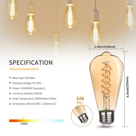 Specifications of Six Pack G25 LED Globe Edison Bulbs Dimmable Filament Style E26 Base 6W Equal 60W Neutral White 4000K Glass Edison Look