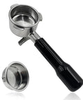 Professional Grade Three Ear Espresso Portafilter With Base And Double Spout Built From Premium Stainless Steel Compatible With Breville Makers, showing portafilter angle with black handle.