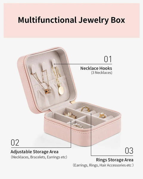 Compact Travel Jewelry Case For Women Grab And Go Style shown open with compartments and necklace hooks, waterproof PU leather.