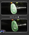 Image showing jade pendant with and without CPL filter using 5 In 1 Phone Camera Lens Kit With 0.63x Wide Angle, 15x Macro, 190 Degree Fisheye, 2x Telephoto Zoom, And CPL Filter For iPhone, Samsung, Sony And Most Smartphones, Crisp Shots, Pro-Grade Lenses For Everyday Snaps; upper with glare reduced, lower with natural color enhancement.