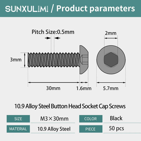 Top Tier M3 X 30mm Button Head Socket Cap Screws Built Tough As Nails With 10.9 Grade Alloy Steel And Durable Black Oxide Finish Featuring Metric Allen Hex Drive Totally Threaded A Solid 50 Pack showing size and details.