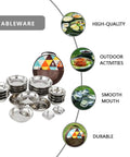 Stainless Steel Outdoor Dining Set With Plates Bowls And Cutlery Compact Camping Tableware Kit for various activities.