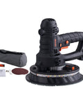 Heavy Duty Electric Drywall Sander With Variable Speed Motor And Hassle Free Vacuum Dust Cleanup For Cleaner Job Sites Plus Dual Bright LED Lamps And Full Sanding Pad Kit For Smooth Finish On Every Home Improvement Project with sanding pad and accessories.
