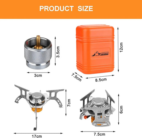 Portable 3700W Camping Stove With Piezo Ignition, Backcountry Backpacking Burner dimensions with adapter and carry case