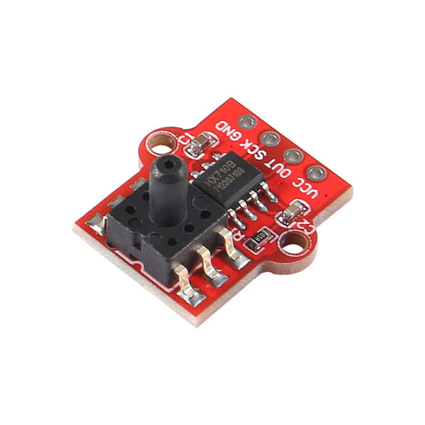 Front view of red air pressure sensor module board with 3-pin header and OUT VCC GND labels for Arduino use