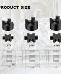 Front view of three black L-Jaw couplings L075, L090, L095 with Buna-N rubber spiders for log splitter