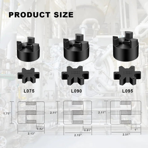 Front view of three black L-Jaw couplings L075, L090, L095 with Buna-N rubber spiders for log splitter