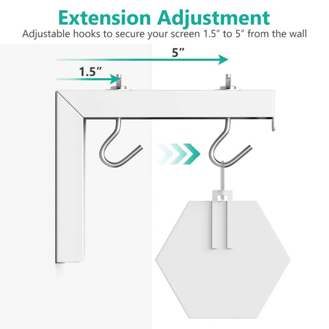 Rock Solid Universal Projector Screen Ceiling Mount With Heavy Duty Steel Brackets showing adjustable hooks for wall distance.