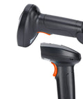USB Handheld 1D 2D Barcode Scanner With QR Code Reader And Auxiliary Lighting, black and orange close-up, angled view