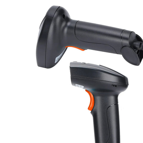 USB Handheld 1D 2D Barcode Scanner With QR Code Reader And Auxiliary Lighting, black and orange close-up, angled view