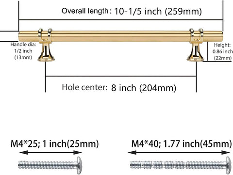 10 Pack Gold Cabinet Handles Set Brushed Brass Barrel Pulls For Kitchen And Furniture 8 Inch Center To Center Cabinet Hardware Easy Install With Two Screw Options