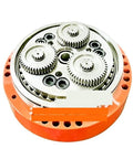Close-up of Heavy Duty Five Axis Robotic Gearbox Drive Unit with gear mechanisms and orange casing for industrial applications.