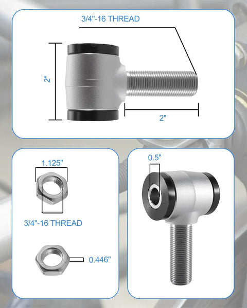 Heavy Duty 3/4 Inch.750 Heim Joint Rod End Kit dimensions, showing detailed measurements and thread specifications for car suspension.