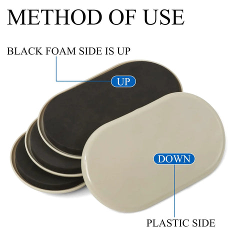 Heavy Duty Oval Furniture Sliders Three And A Half Inch By Six Inch Reusable Carpet Movers with black foam and plastic sides