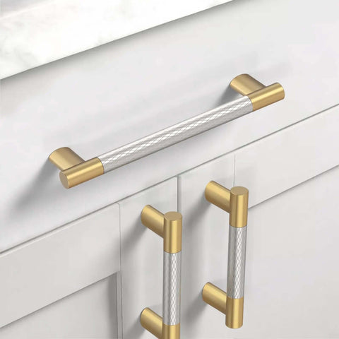 Top Tier Gold And Nickel Knurled Cabinet Handles Heavy Duty Kitchen Pulls No Sweat Install 3 Inch Centers 10 Pack on white cabinets.