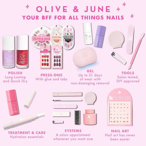 Olive & June nail care products including polish, press-ons, gel, tools, treatment, and nail art.