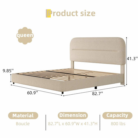 Queen Size Cloud Bed Frame In Beige Plush Boucle Upholstery with dimensions 82.7"L x 60.9"W x 41.3"H and 800 lbs capacity.