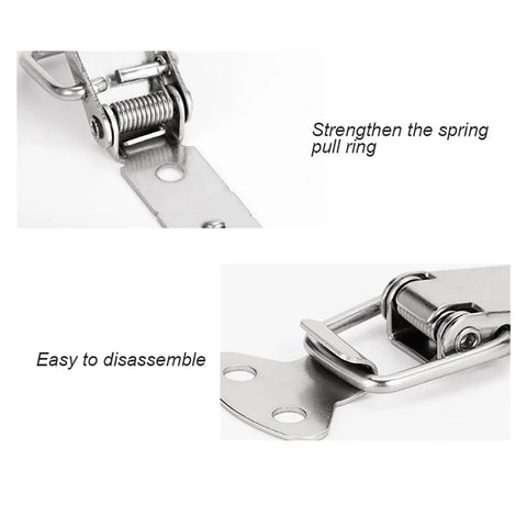 Close-up of Mini Stainless Steel Toggle Latch Catch Set showcasing the spring-loaded mechanism and easy disassembly features.