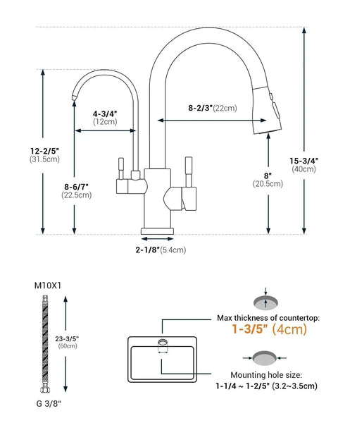 Top Tier Three Way Kitchen Faucet With Built In Water Filter Dispenser In Sleek Brushed Nickel Finish dimensions and installation guide