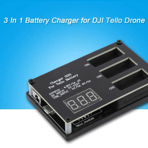 3 Bay Fast Charging Station for Tello Drone Batteries with LED display and three slots for charging, compact and portable.