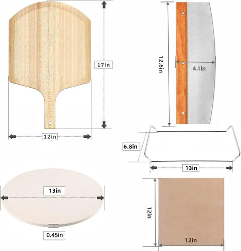 5 Piece Round Pizza Stone Set With 13 Inch Stone, Oak Wood Pizza Peel, Paddle, Serving Rack, Large Cutter, Parchment Papers Display