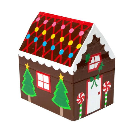 Gingerbread house model creatively made using Heavy Duty White Duct Tape 3 Pack 1.88 Inch By 30 Yard Rolls, decorated with holiday colors.